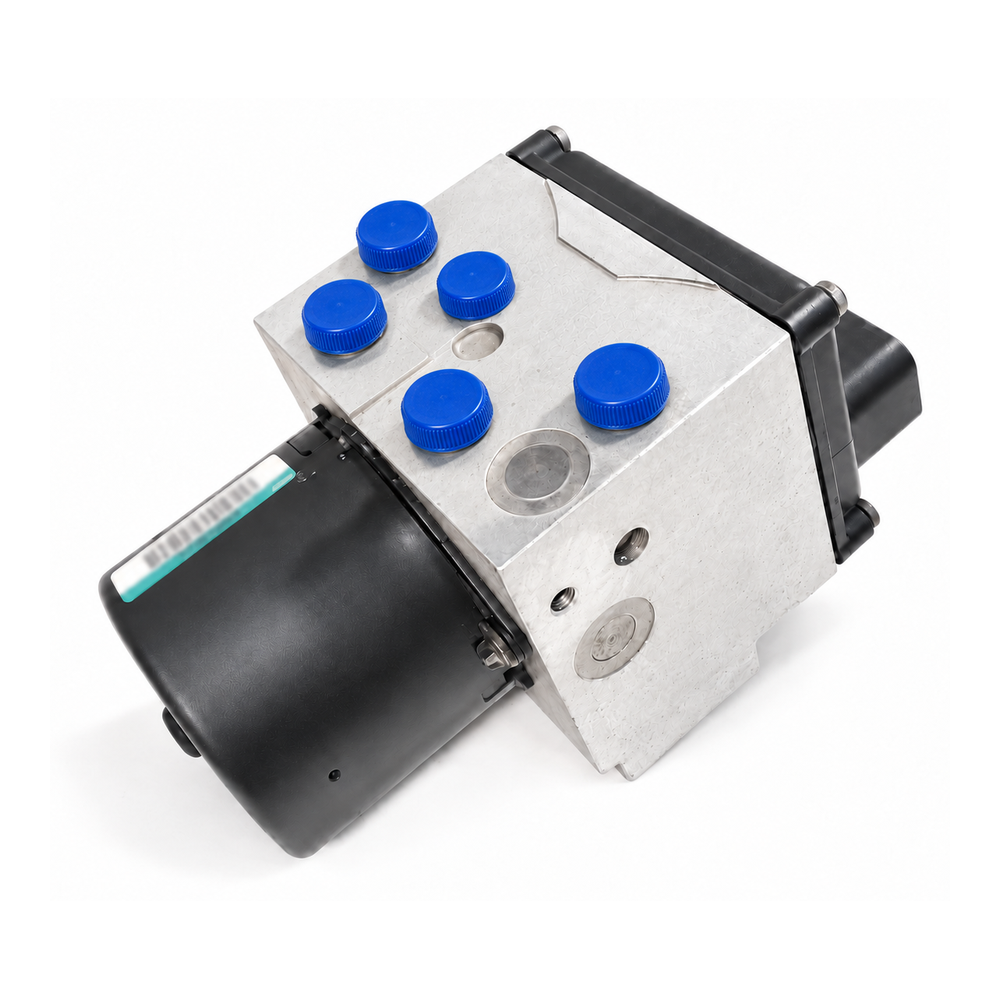 Digitally enhanced reference image of CF600 ABS assembly 3593612C94, hydraulic side and pump motor, oblique, view 1. Square format; protective-cap appearance digitally illustrated. Not a photograph of the supplied kit.